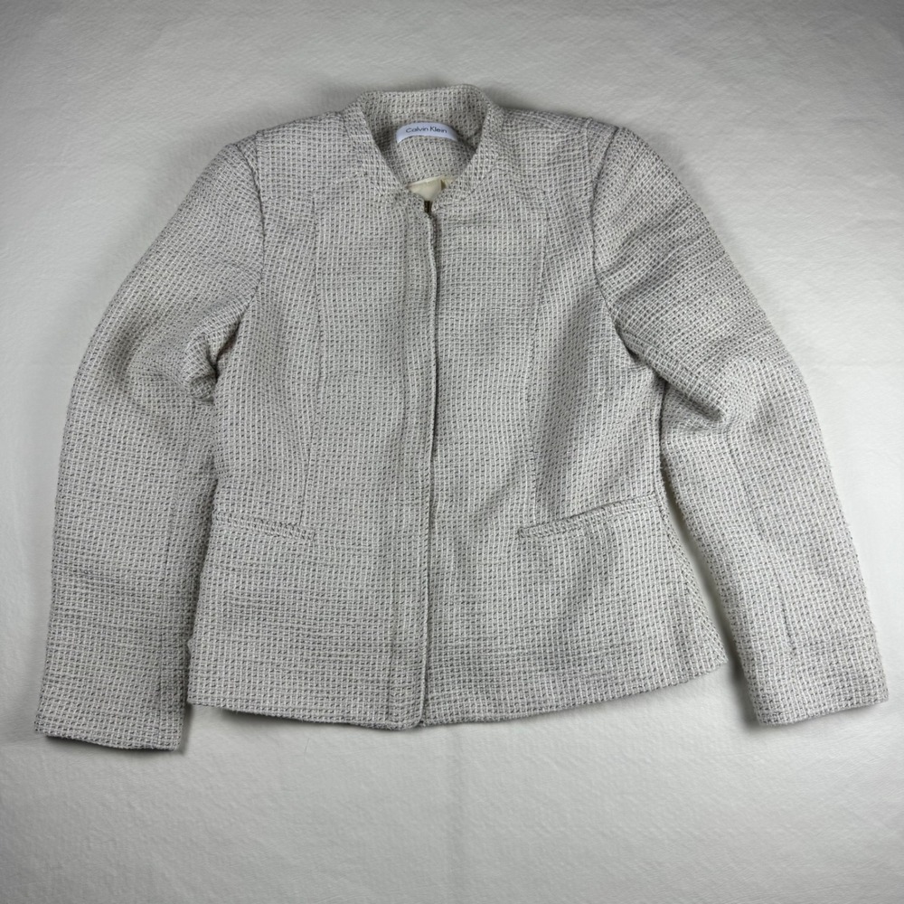 Calvin Klein Womens Textured Tweed Zip Front Blazer Jacket Cream Grey Size 10